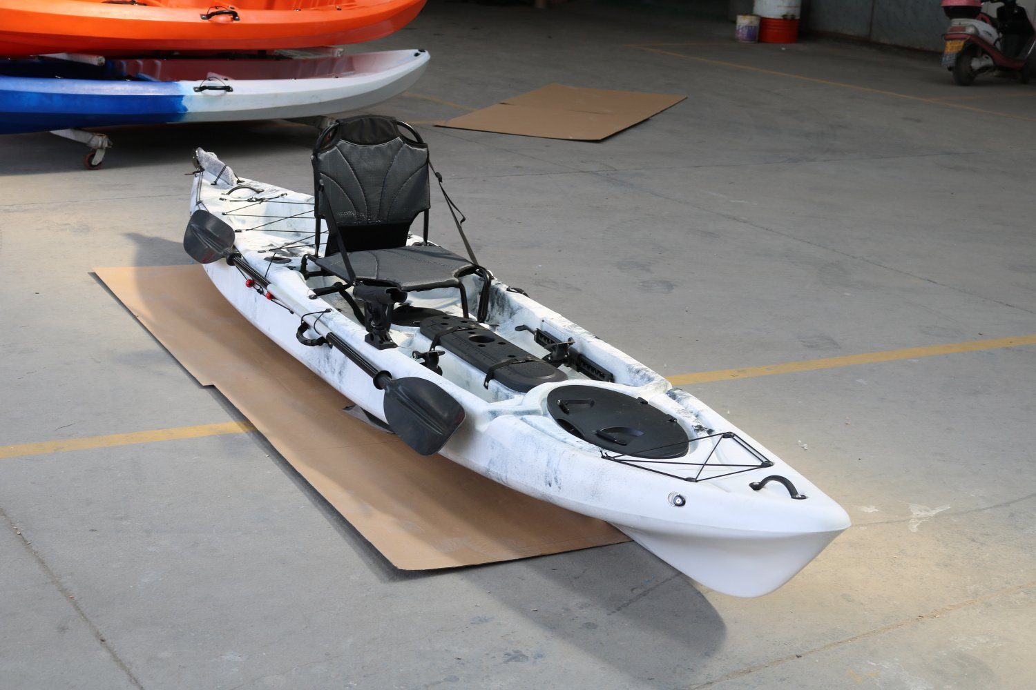 The SkipJak FishJak 14 - Deluxe 14.1 foot Fishing Kayak Lake Land Kayaks White & Black Camo 